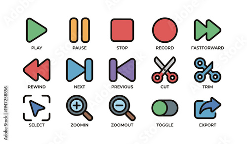 Colorful multimedia control icons set for playback and editing