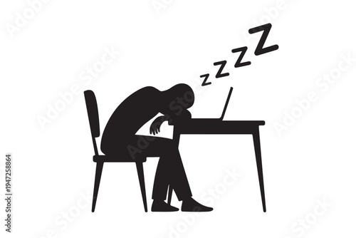 Tired student sleeping at desk with laptop. Silhouette person exhausted from studying, work, or online learning. Zzz symbol indicating sleep.