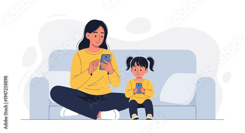 Mother and Daughter Using Smartphones on Sofa, Modern Family Lifestyle