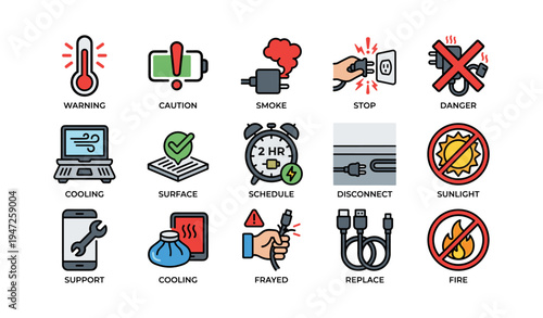 Electrical safety and device warning icons for common hazards and cautions