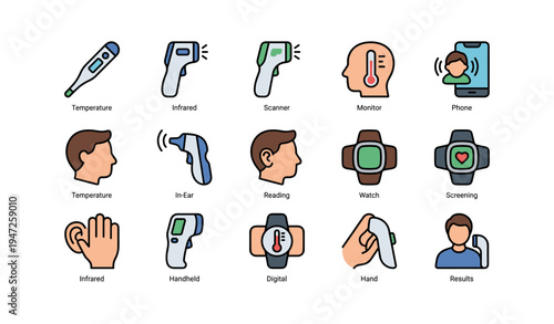 Medical icons set: thermometer, infrared scanner, temperature monitoring, health app, digital reading