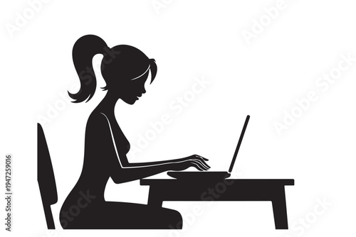Woman silhouette working on laptop computer at office desk for professional business concepts or remote education featuring female freelancer in ponytail typing on keyboard in profile view