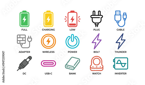 Colorful tech icons: battery, plug, cable, wireless, usb-c, power, inverter