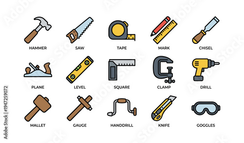 Essential hand tools: hammer, saw, tape, chisel, plane, drill, and more icons