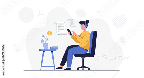 Person with headphones using smartphone at desk with plant and documents