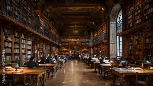 Cozy Classic Library with People Reading and Warm Golden Lighting