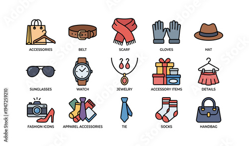 Fashion accessories collection including gloves, belt, hat, sunglasses, watch, jewelry, apparel, and handbag