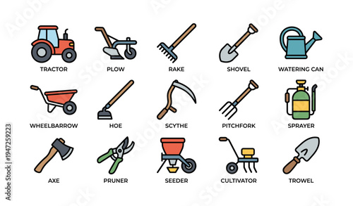 Colorful illustration of common farming and gardening tools on white background