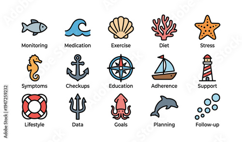 Health and wellness icons: monitoring, medication, exercise, diet, stress, education