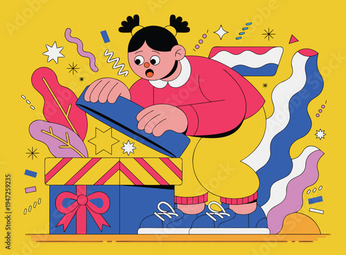 Flat Vector Illustration Depicting an Excited Girl Unboxing a Present with Colorful Confetti and Stars
