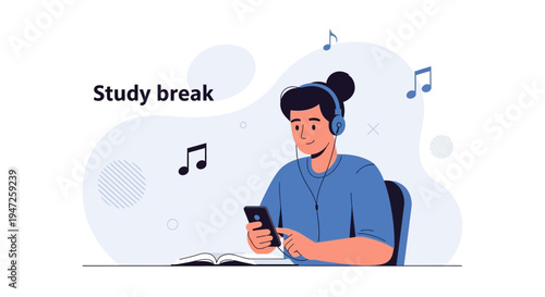Student Taking a Break Listening to Music on Phone with Headphones