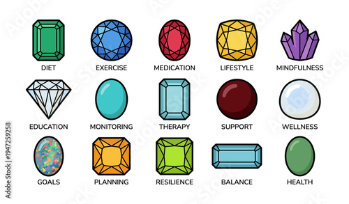 Colorful gems representing wellness aspects including diet, exercise, and mindfulness