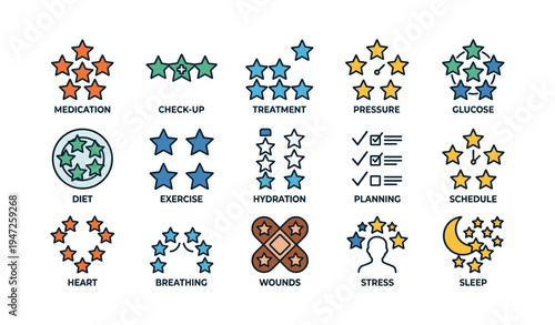 Healthcare and wellness icons representing medication, exercise, diet, and more