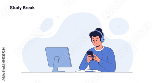 Student taking a study break, listening to music on headphones and using phone
