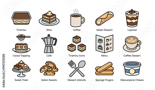 Italian dessert icons featuring tiramisu, coffee, biscotti, and mascarpone cheese