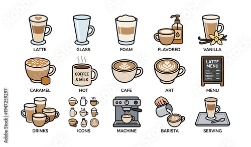 Coffee icons collection: latte, foam, machine, barista, serving