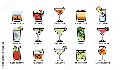 Illustrated icon set of classic cocktails in glasses with garnishes