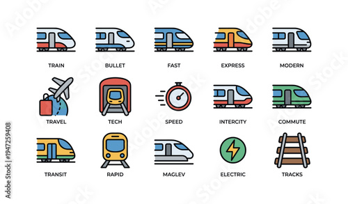 Modern trains and transportation icons featuring bullet, express, maglev, and electric trains
