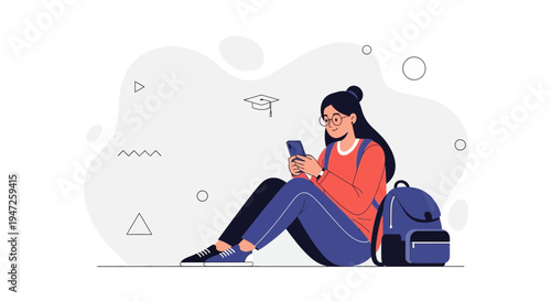 Student with phone and backpack, studying and relaxing, flat design illustration