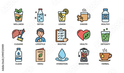 Healthy lifestyle icons: detox, diet, hydration, wellness symbols and routine chart