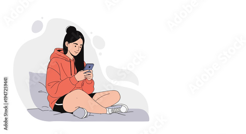 Teenage girl using smartphone while sitting cross-legged on bed, casual lifestyle