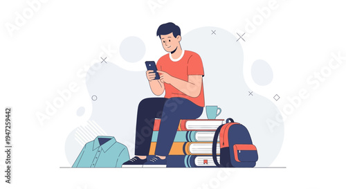 Student with Smartphone Sitting on Books, Backpack, and Shirt