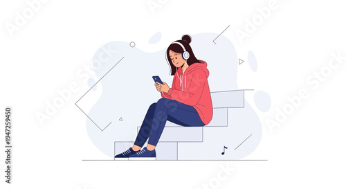 Teenage girl with headphones listening to music on phone, sitting on stairs