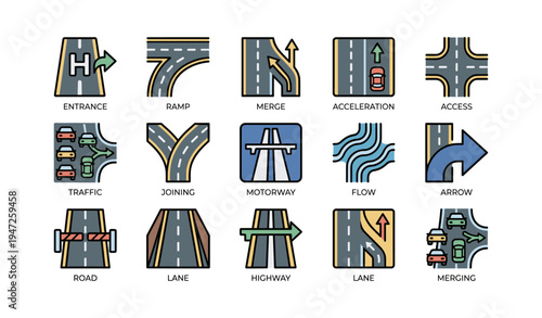 Set of colorful road and traffic icons showing various signs and pathways