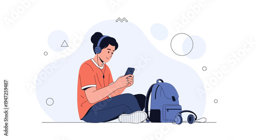 Teenager with headphones and smartphone, backpack and headphones nearby, minimalist illustration