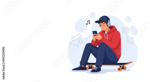 Teenager with headphones listening to music on phone while sitting on skateboard