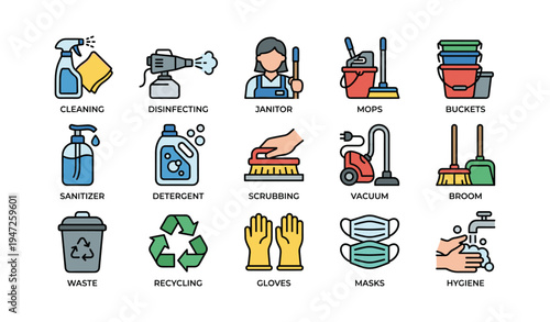 Essential cleaning tools and equipment icons for hygiene and sanitation