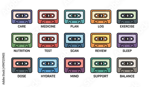 Colorful cassette tapes with wellness labels for holistic health planning