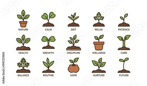 Illustrated seedling icons representing health, growth, and wellness concepts