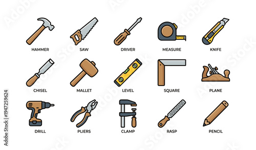 Variety of hand tools including hammer, saw, and screwdriver on white background