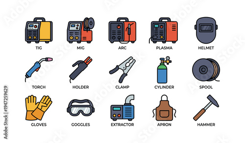 Welding equipment icons: machines, tools, safety gear, supplies overview