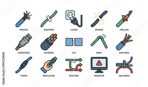 Electrical cable issues and safety solutions illustrated icons set