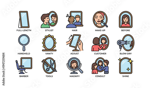 Beauty salon icons: hair, makeup, mirror, consultations, tools