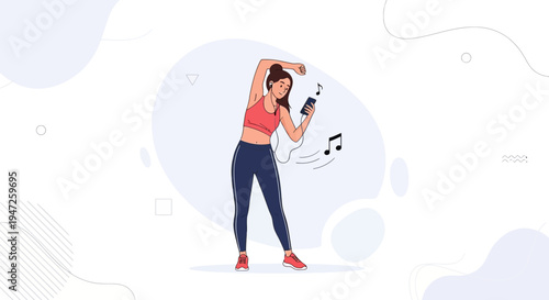Woman dancing to music on phone with headphones, fitness and lifestyle