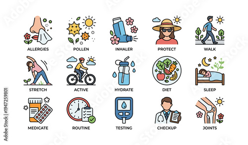 Healthy lifestyle icons: allergy management, exercise, nutrition, and wellness tips