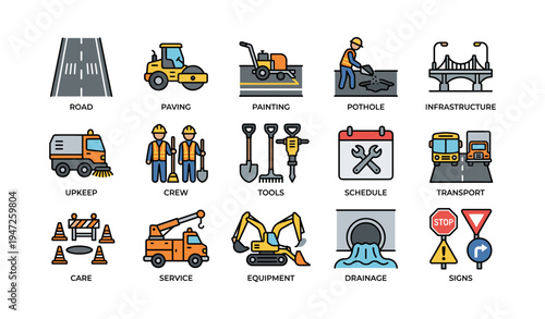 Road maintenance icons featuring crew, tools, equipment, and infrastructure elements