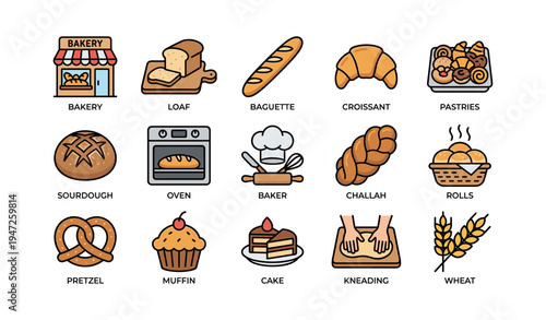 Bakery icons set featuring bread, pastries, oven, baker, and wheat