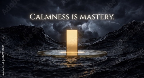 Glowing golden monolith standing perfectly still in a violent dark ocean storm, visualizing emotional regulation and stoic mastery.