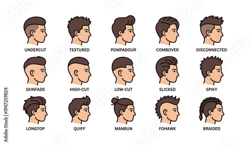 Various male haircut styles illustrated from side view