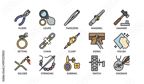 Jewelry making tools: pliers, loupe, tweezers, mandrel, hammer, and more