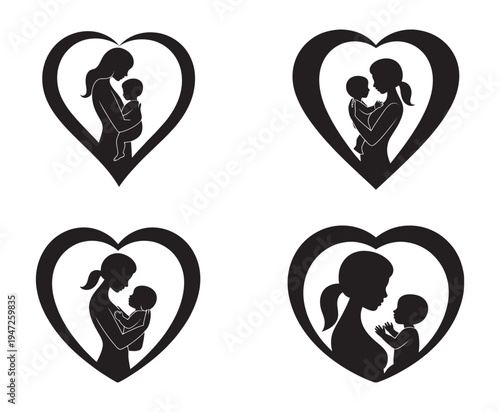 Mother Love icon set silhouette, heart embrace family care, maternal symbols, minimal black design, editable vector graphics for T-shirts, web