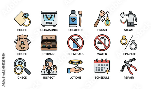 Jewelry cleaning and maintenance icons with tools and methods