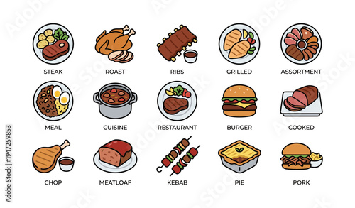 Assorted delicious dishes: steak, ribs, chicken, burger, kebab, and more