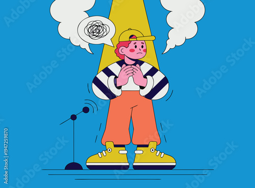 Cartoon Character Experiencing Stage Fright During Public Speaking Presentation Under Bright Spotlight On Blue Background
