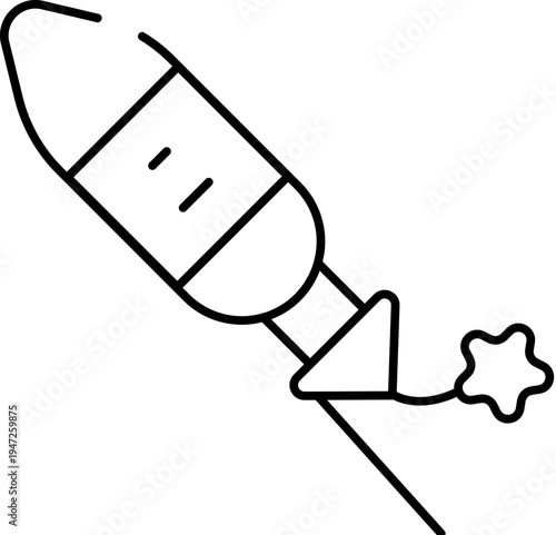 Firework rocket outline poised for launch, minimalist line art icon symbolizing celebration, success, new beginnings, ambition and future possibilities in black and white vector style