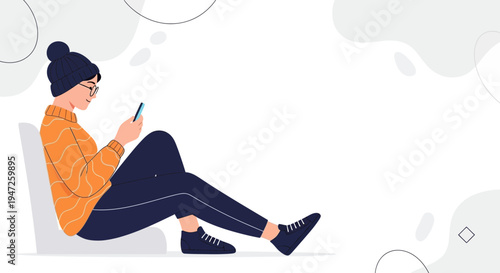 Woman in orange sweater using smartphone, sitting relaxed on floor, minimalist background